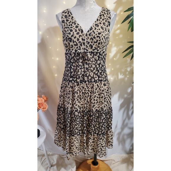 Talbots Vtg 100% Silk Tiered Leopard Animal Print Midi Dress Size 6P Sleeveless - Picture 1 of 12